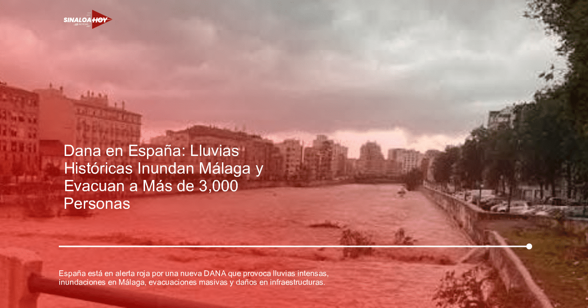 Río desbordado en Málaga con agua marrón, edificios y cielo nublado tras la DANA.