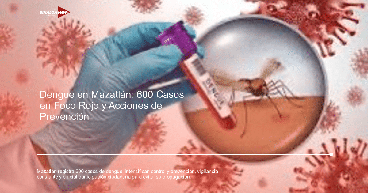 Mano con guante azul sosteniendo tubo de ensayo con sangre, virus y mosquito encapsulado en el fondo.