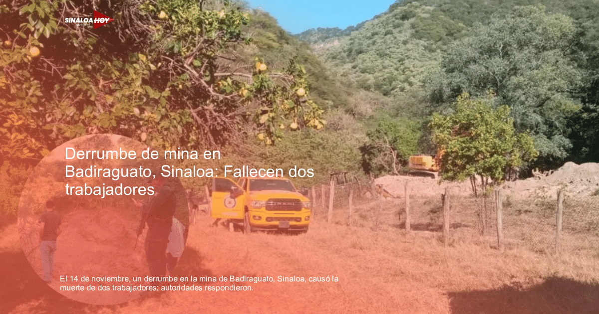 Operativo de rescate en Badiraguato con vehículos de emergencia y excavadora en un paisaje montañoso.