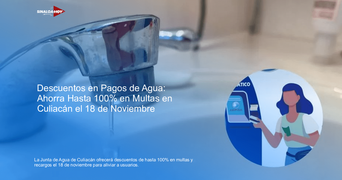 Grifo de lavabo goteando con ilustración de pago de agua en Culiacán.