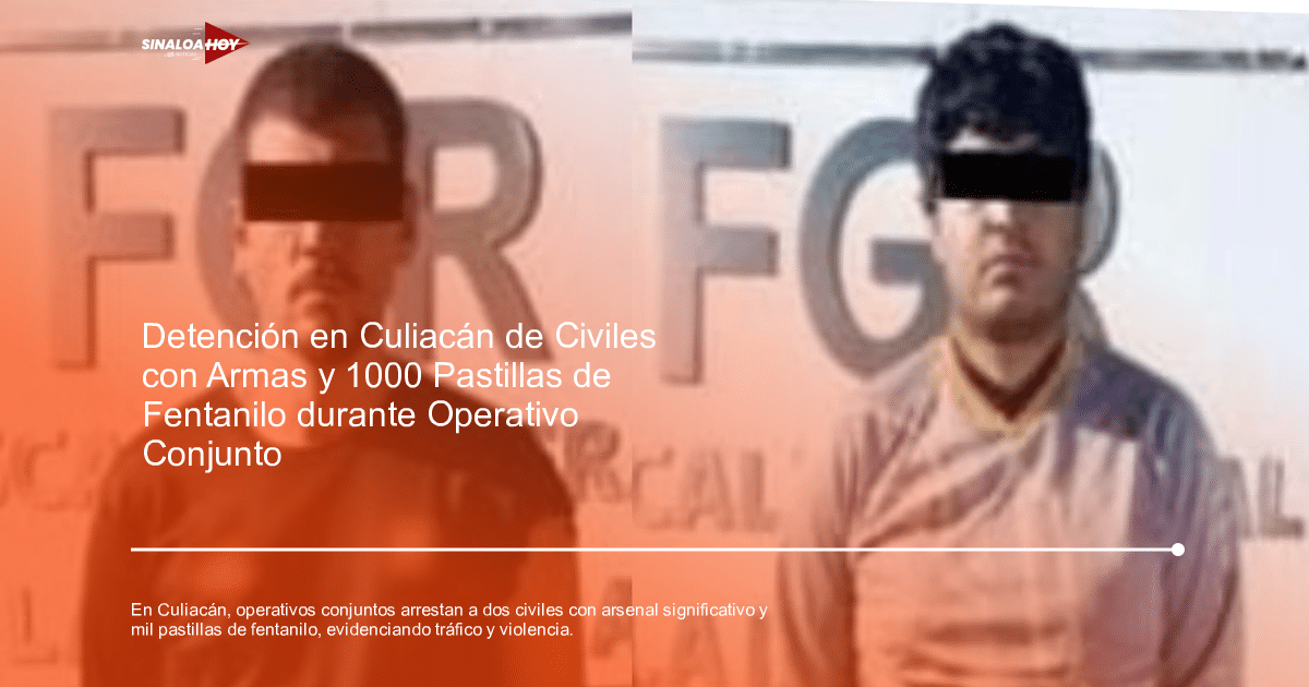 Dos hombres arrestados en Culiacán con los ojos cubiertos, frente a un fondo institucional.