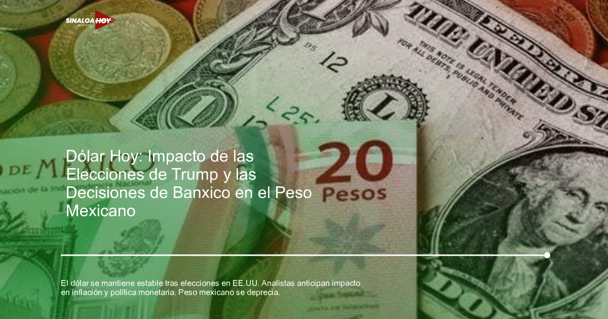 Billete de 20 pesos mexicanos y billete de un dólar estadounidense con monedas.