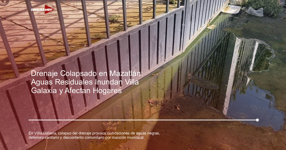 Jardín con agua estancada y sucia en Villa Galaxia, reflejando una cerca y un edificio.