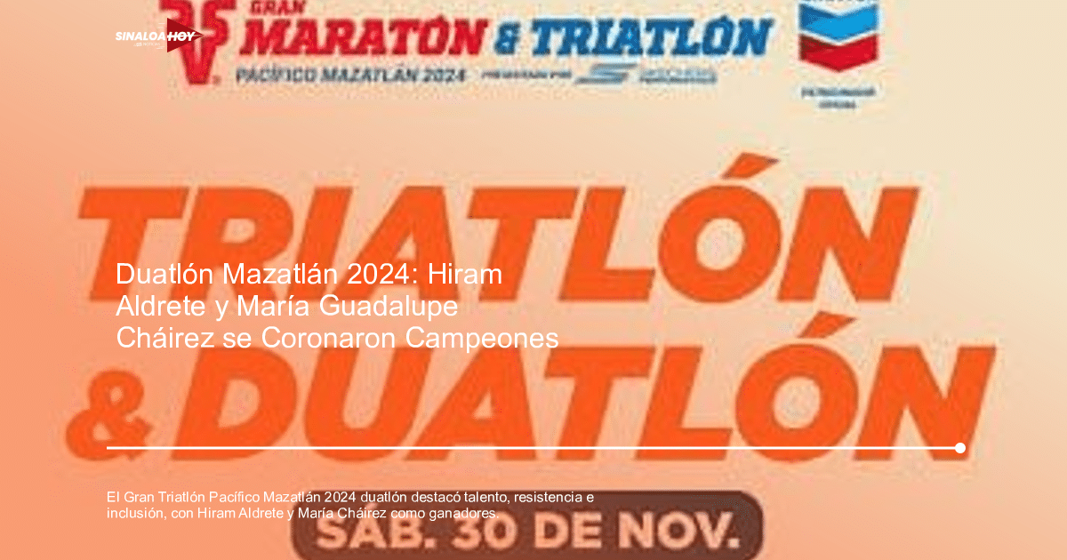 Cartel del Gran Maratón & Triatlón Mazatlán 2024 con logotipos de patrocinadores y colores llamativos