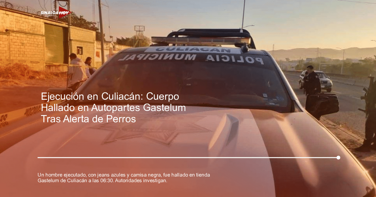 Vehículo de la Policía Municipal de Culiacán en escena de investigación con cinta amarilla y oficiales presentes.