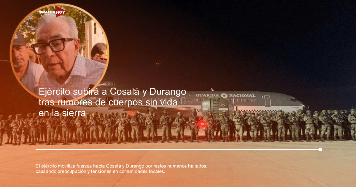 Soldados en formación nocturna frente a un avión, con un retrato de un hombre siendo entrevistado, en el contexto de un despliegue militar hacia Cosalá y Durango.