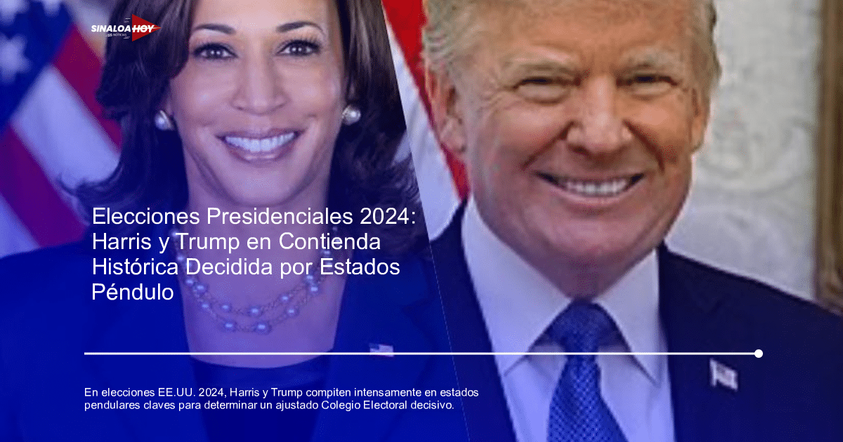 Kamala Harris y Donald Trump en campaña presidencial, sonriendo con banderas de fondo.