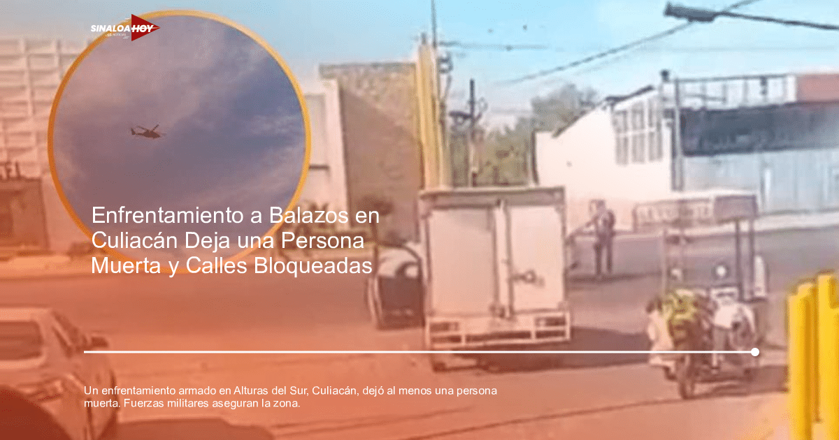Camión y motocicleta en calle de Culiacán con helicóptero en el cielo