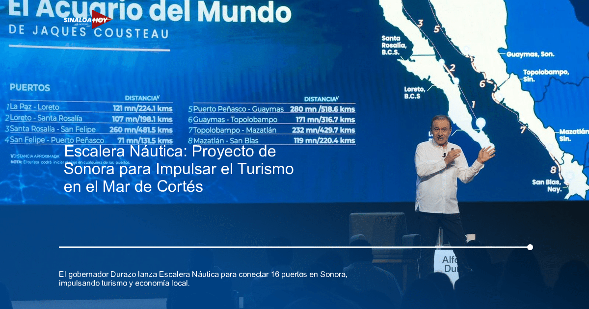 Presentador discutiendo el proyecto 'Escalera Náutica' con mapa del Mar de Cortés en pantalla.