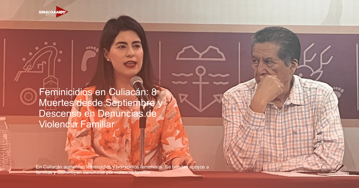 Mujer hablando en conferencia sobre feminicidios en Culiacán, hombre escucha pensativo.