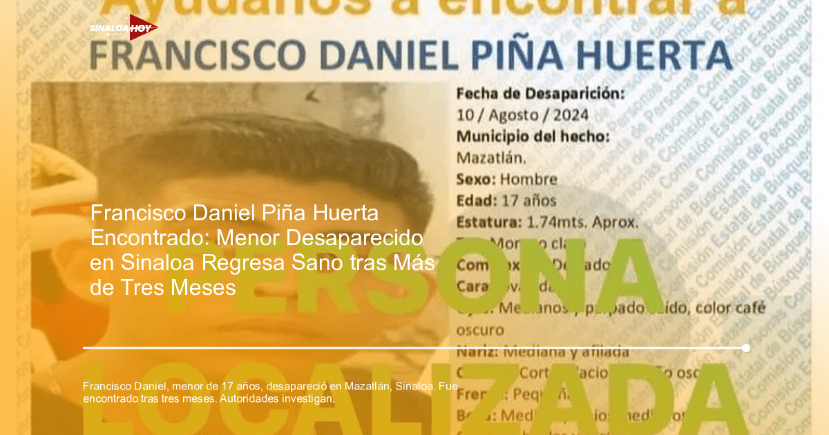 Cartel de búsqueda de Francisco Daniel Piña Huerta con la palabra 'PERSONA LOCALIZADA'.
