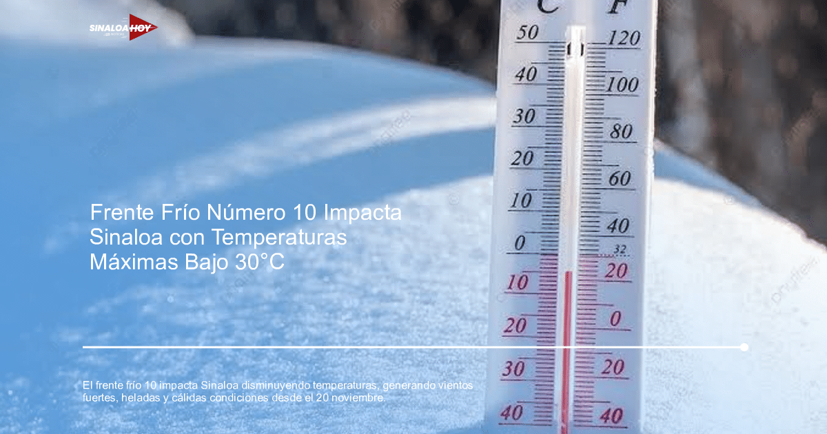 Termómetro sobre nieve indicando bajas temperaturas en Sinaloa debido al frente frío número 10.