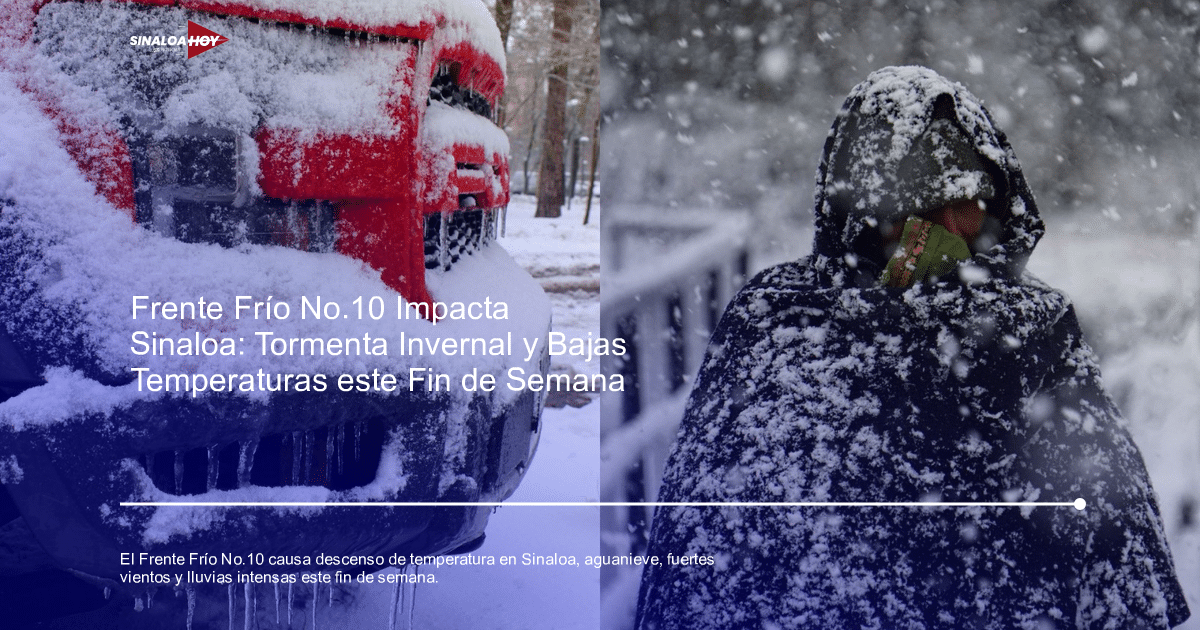 Vehículo cubierto de nieve y persona caminando en un entorno nevado, reflejando el impacto del frente frío No. 10 en Sinaloa.