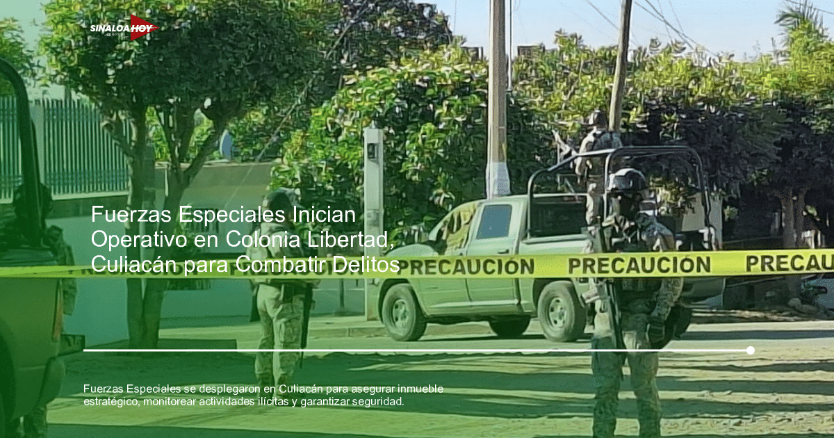 Fuerzas especiales en operativo de seguridad en Culiacán con vehículo verde y cinta de precaución.