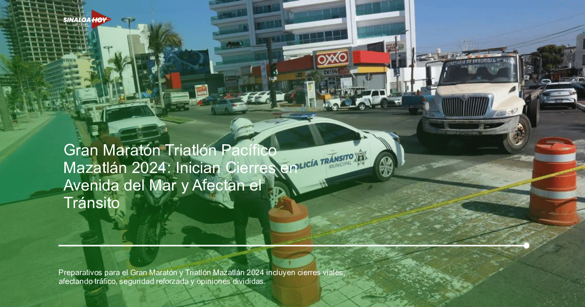 Escena urbana en Mazatlán con policía de tránsito, motociclista y peatón, durante preparativos del Maratón 2024.