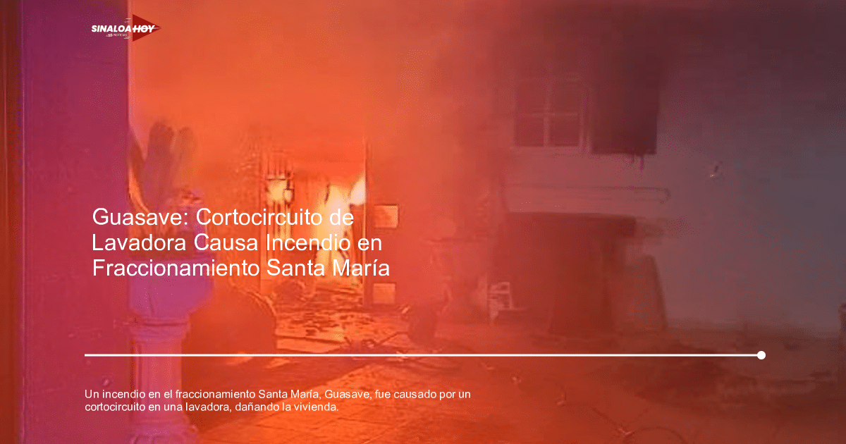 Imagen de un incendio en un edificio con humo, llamas y objetos dispersos, reflejando un incidente en Guasave por cortocircuito en lavadora.