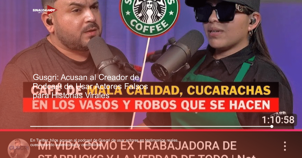 Dos personas conversando en un podcast sobre experiencias en Starbucks, con texto sobre café de mala calidad y robos.