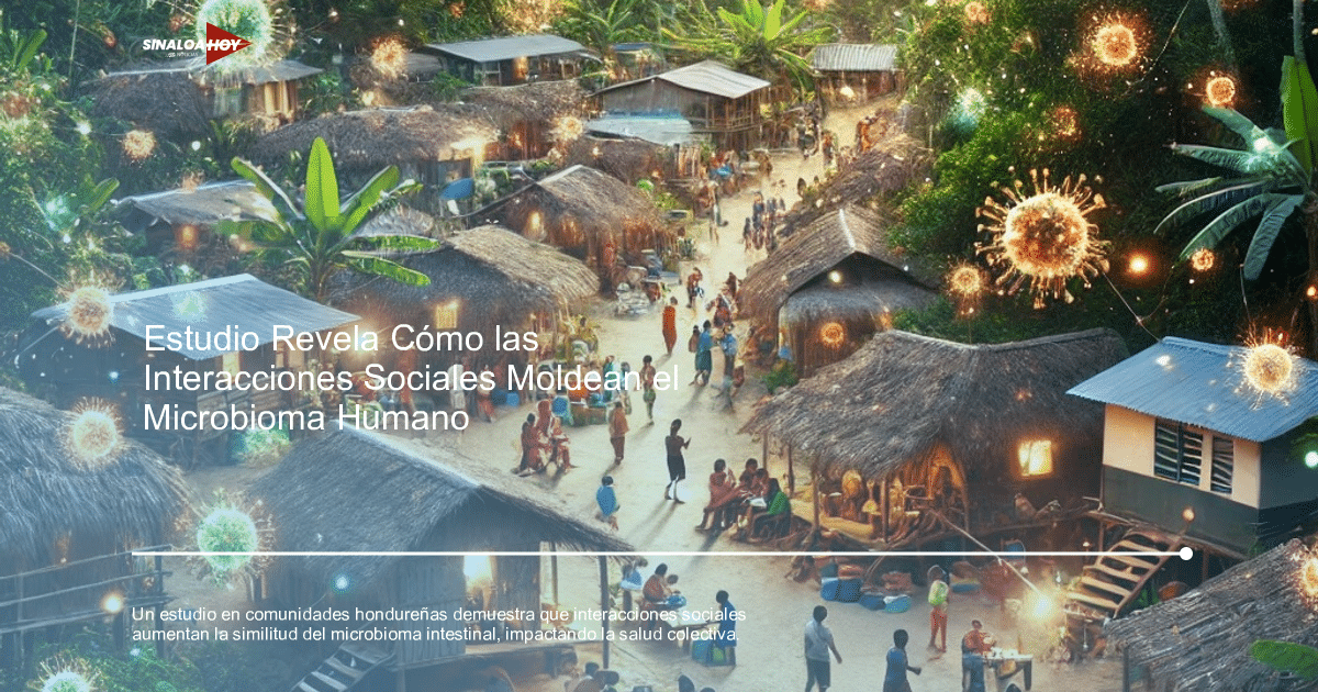 Aldea rural tropical con casas de palma y personas interactuando, simbolizando el impacto social en el microbioma.