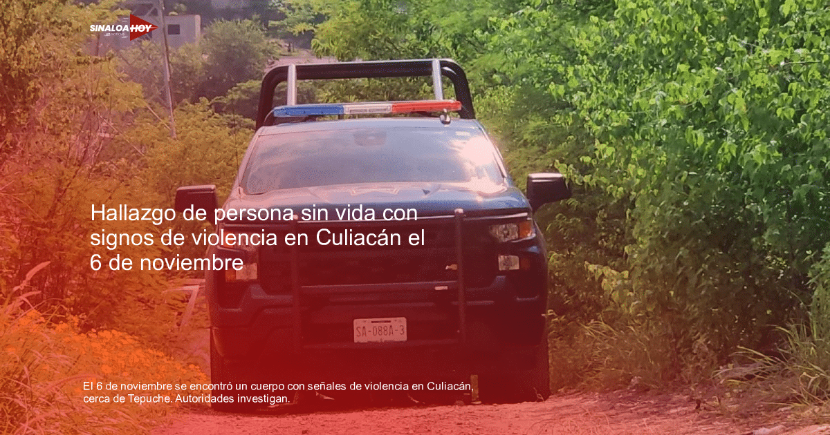 Camioneta de policía estacionada en un camino rural en Culiacán, Sinaloa, rodeada de vegetación.