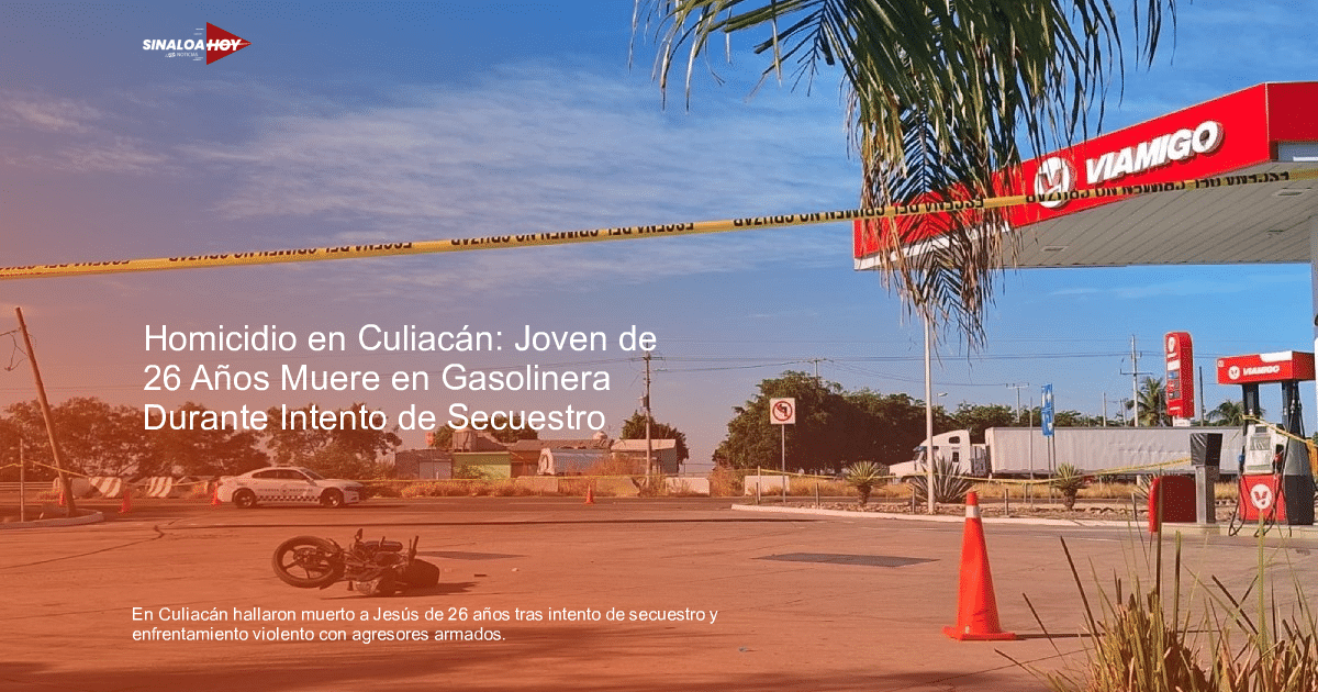 Gasolinera con motocicleta caída y cintas de seguridad en Culiacán, escena de un crimen.