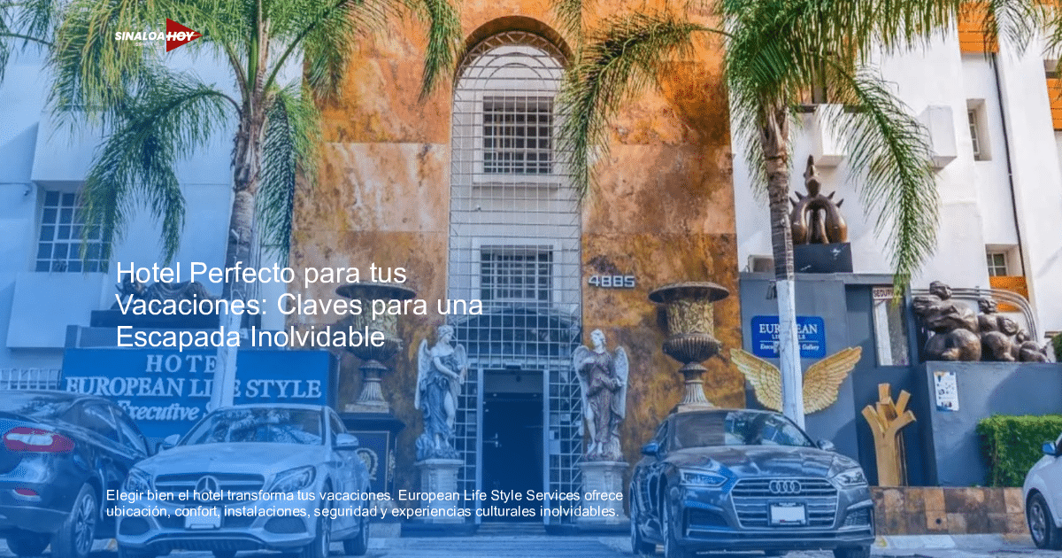 Fachada del hotel European Life Style con columnas, estatuas y automóviles de lujo estacionados al frente.