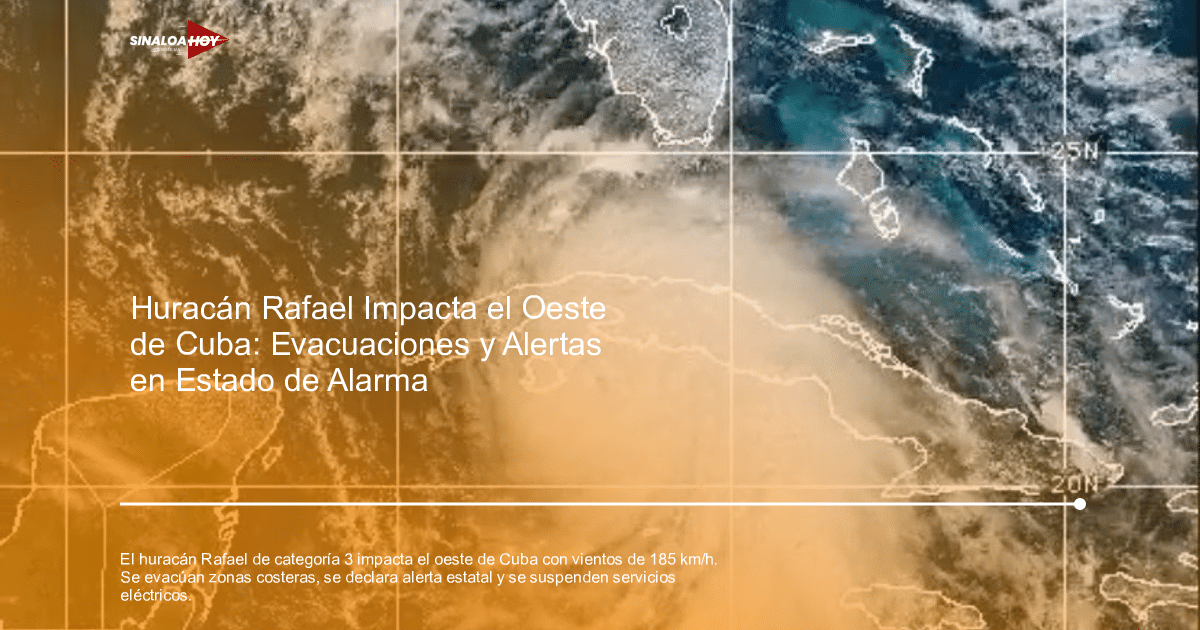 Imagen satelital del huracán Rafael cerca de Cuba, mostrando nubes y patrones de viento sobre el océano.