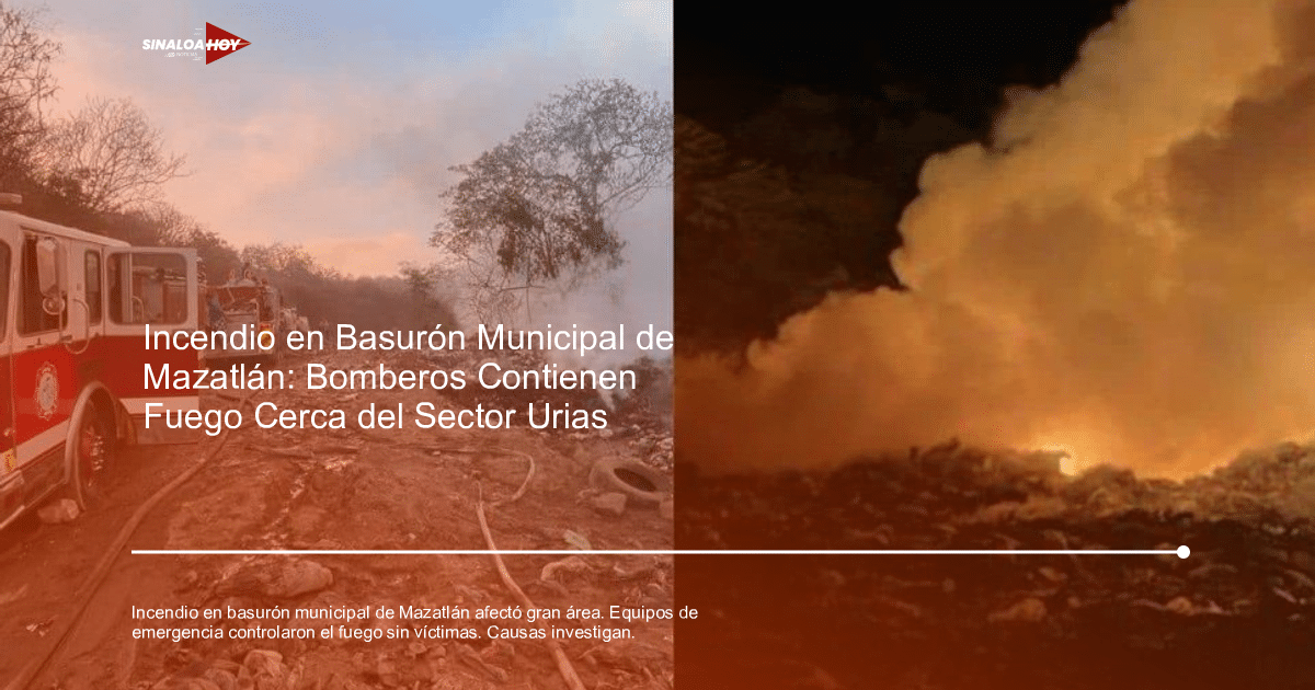 Camiones de bomberos y humo en el basurón municipal de Mazatlán durante un incendio.