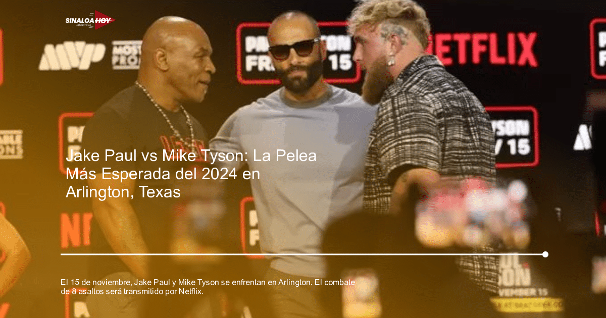 Tres personas en un evento de presentación de la pelea entre Jake Paul y Mike Tyson, con logotipos de Netflix en el fondo.