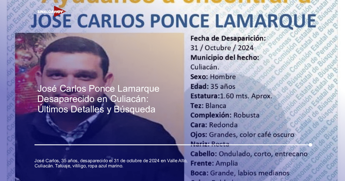 Cartel de búsqueda de José Carlos Ponce Lamarque con detalles de su desaparición y características físicas.
