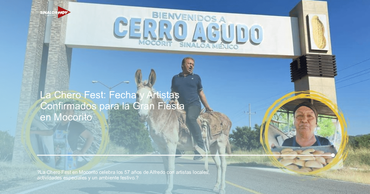 Cartel de bienvenida a Cerro Agudo con hombre en burro y fotos de mujeres en un entorno rural.