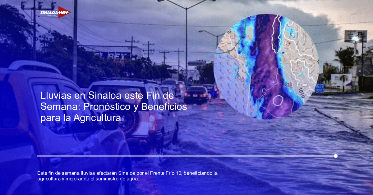 Carretera inundada en Sinaloa con vehículos avanzando y mapa meteorológico en la esquina.