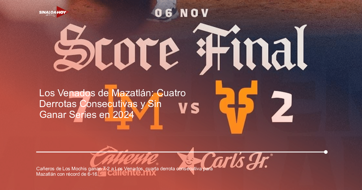 Marcador final del partido de béisbol: Cañeros 7, Venados 2, con logos de Caliente y Carl's Jr.