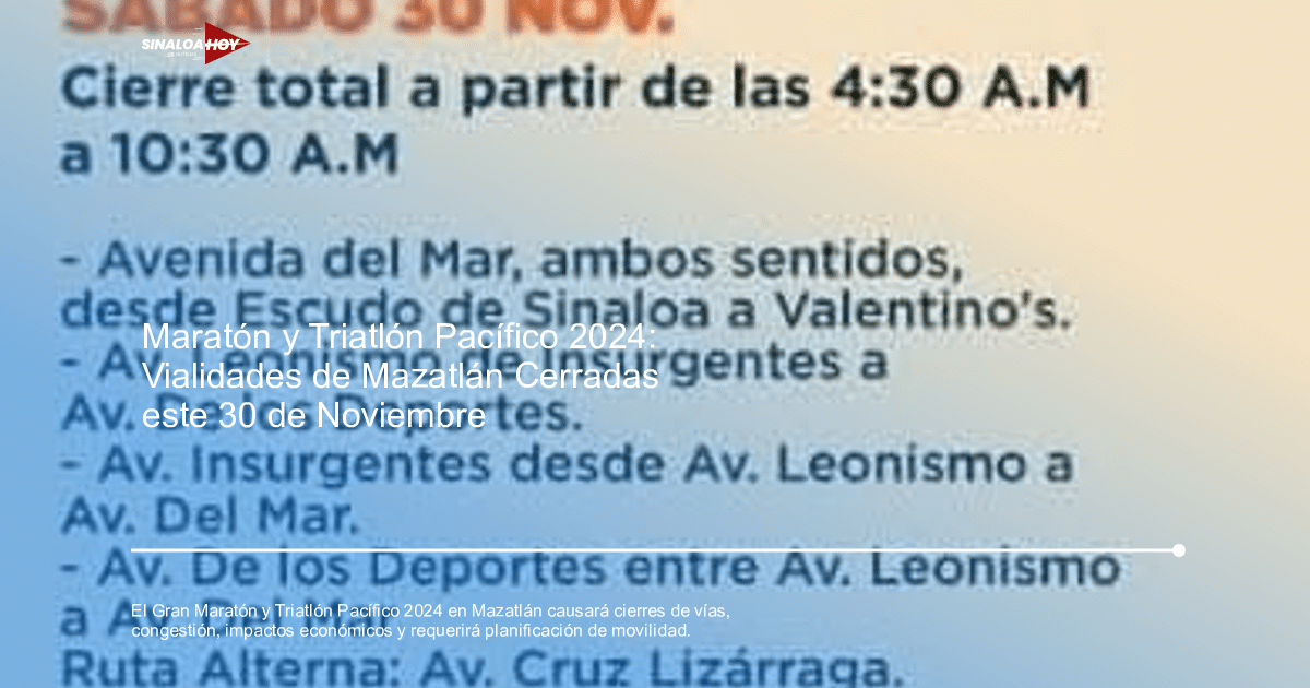 Mapa de cierres de calles en Mazatlán por el evento deportivo del 30 de noviembre