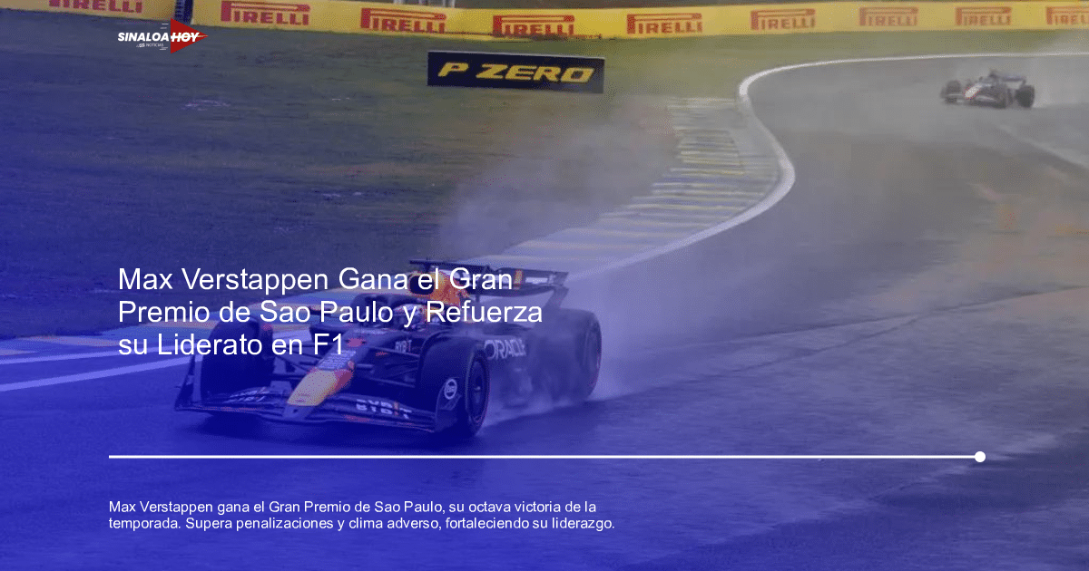 Coche de Fórmula 1 en pista mojada durante el Gran Premio de Sao Paulo, con señalización de neumáticos Pirelli y áreas verdes y amarillas visibles.