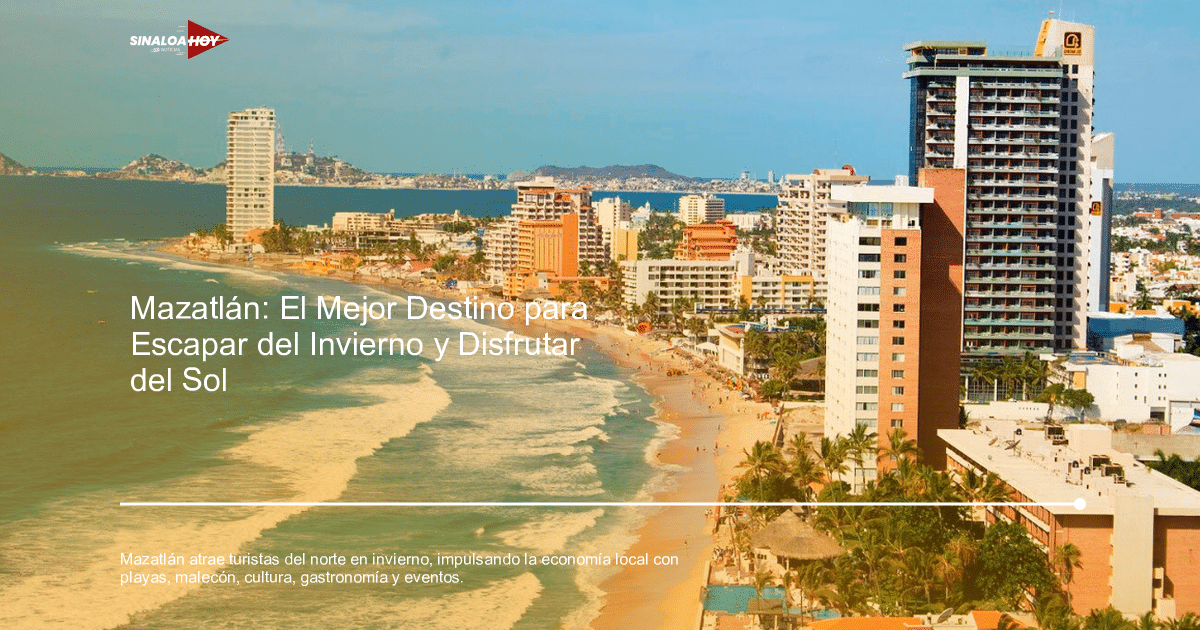 Vista panorámica de la playa de Mazatlán con edificios y turistas disfrutando del mar.