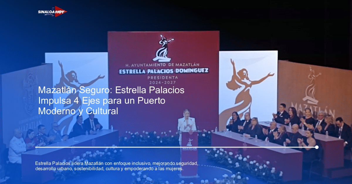 Estrella Palacios Domínguez en su toma de posesión como presidenta municipal de Mazatlán, hablando en un podio con un escenario decorado detrás.