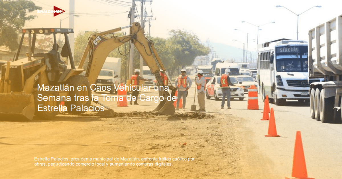 Obra de construcción en carretera de Mazatlán con excavadora y trabajadores