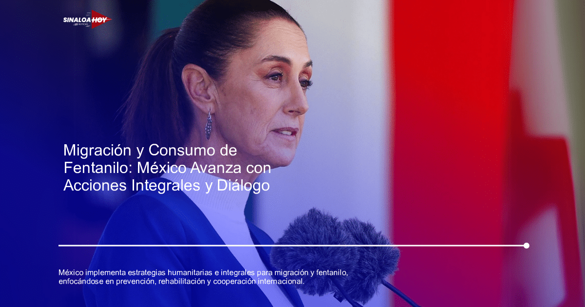 Persona hablando en un evento con banderas de fondo, relacionado con políticas migratorias y consumo de fentanilo en México.
