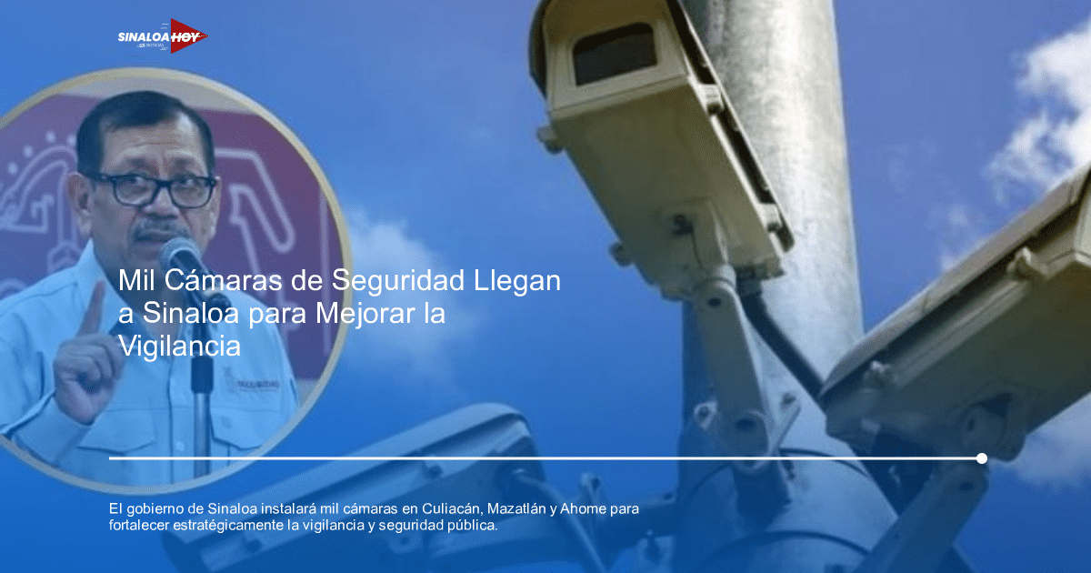 Persona hablando con micrófono y cámaras de seguridad en un poste, cielo azul de fondo.