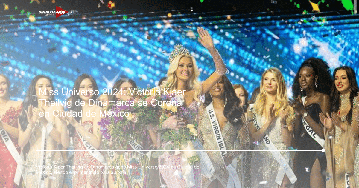 Victoria Kjaer Theilvig coronada como Miss Universo 2024, rodeada de concursantes aplaudiendo.