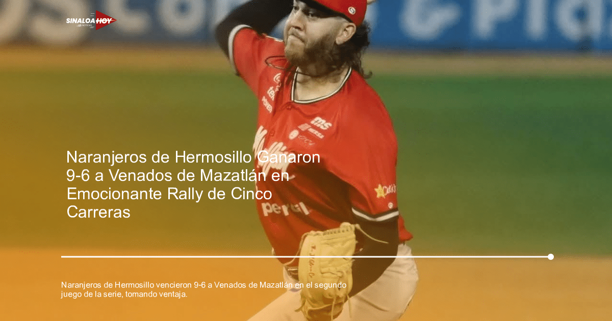 Lanzador de béisbol de los Naranjeros de Hermosillo lanzando en el campo con camiseta roja y guante.