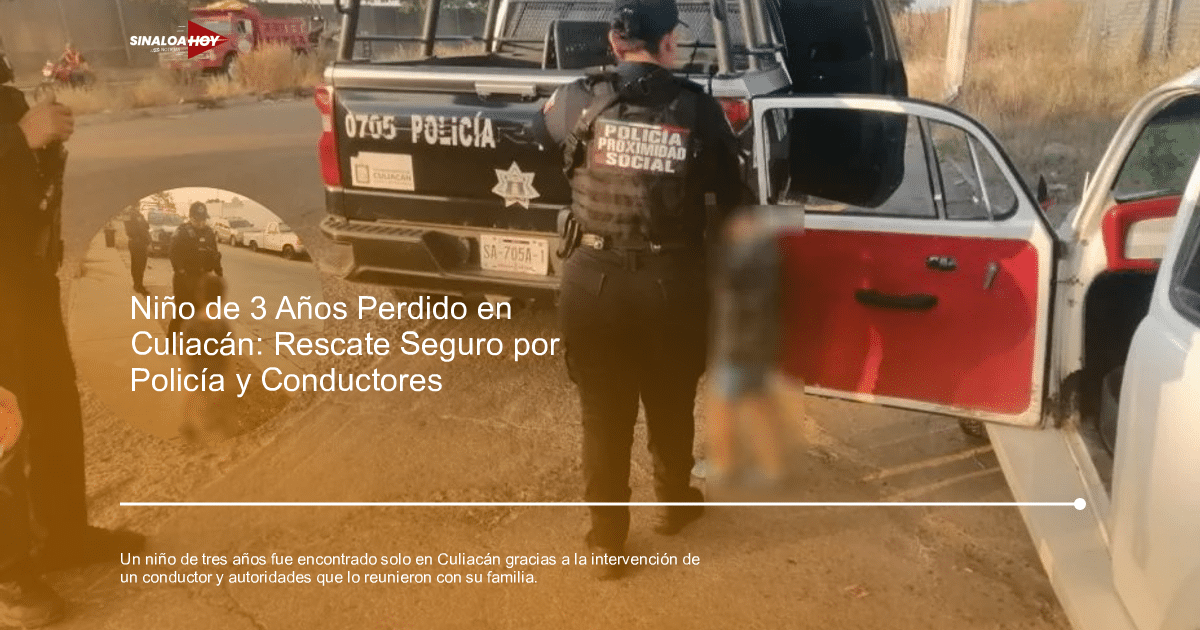 Oficiales de policía interactúan con un niño en Culiacán junto a un vehículo policial.
