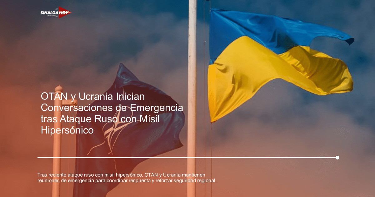 Banderas de la OTAN y Ucrania ondeando juntas bajo un cielo nublado