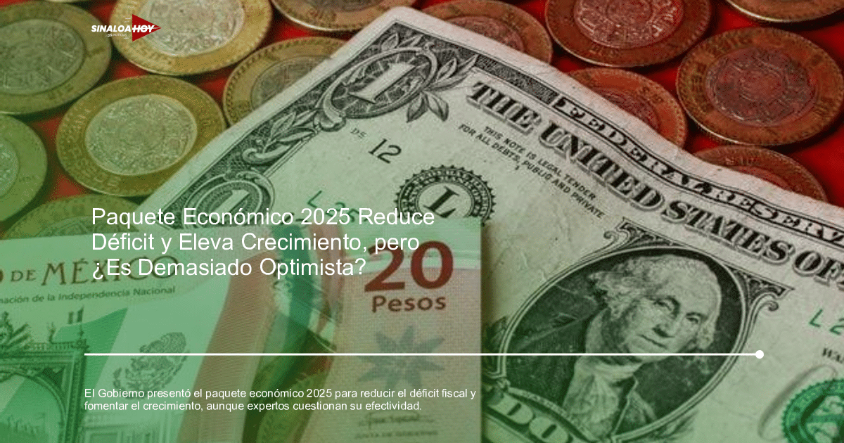 Monedas y billetes de dólar y pesos mexicanos sobre fondo rojo, representando el Paquete Económico 2025.