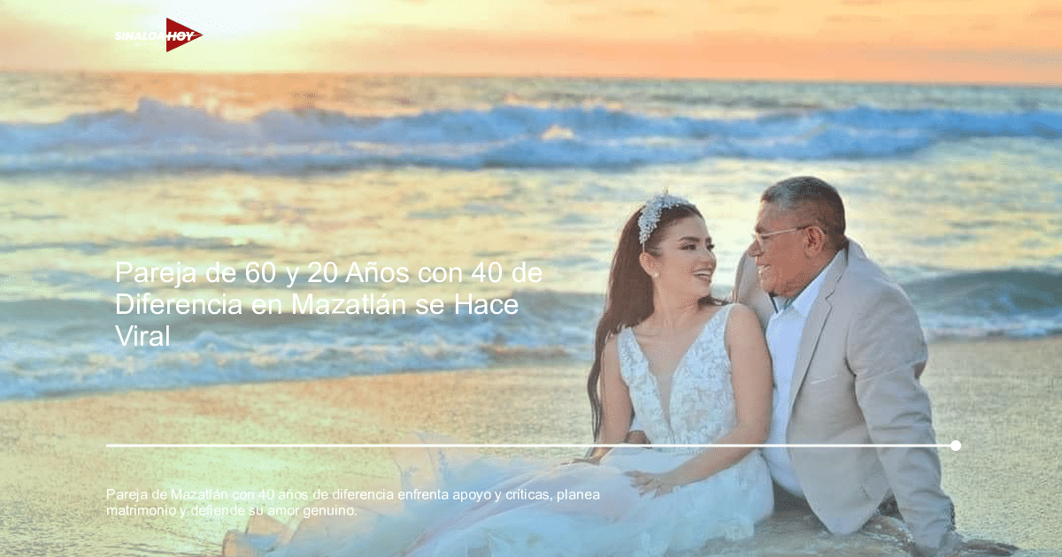 Pareja con diferencia de edad en la playa al atardecer, ella con vestido de novia y él con traje claro, sonriendo juntos.