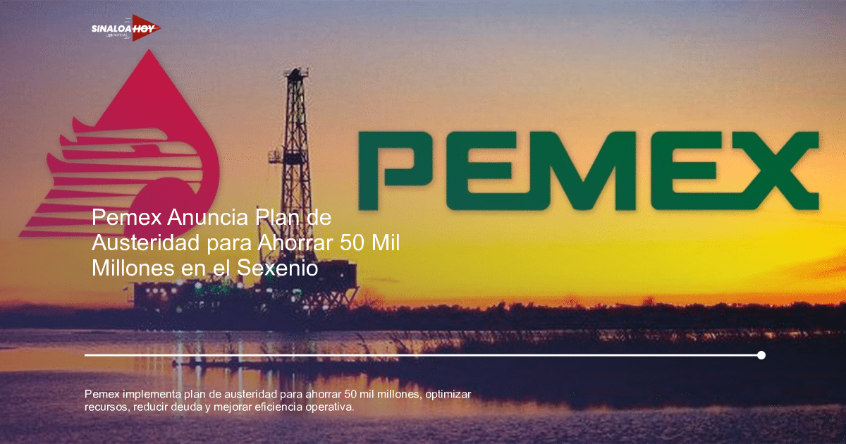 Plataforma de perforación de PEMEX al atardecer con logotipo visible, río y cielo anaranjado.