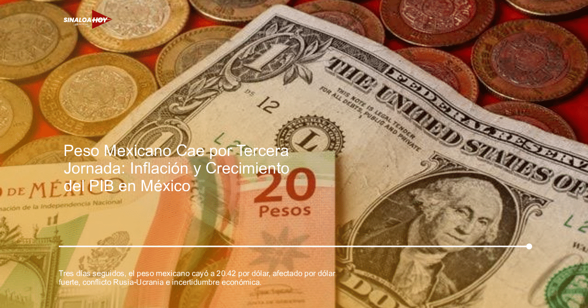 Billetes de 20 pesos mexicanos y un dólar estadounidense con monedas de pesos mexicanos sobre un fondo detallado.