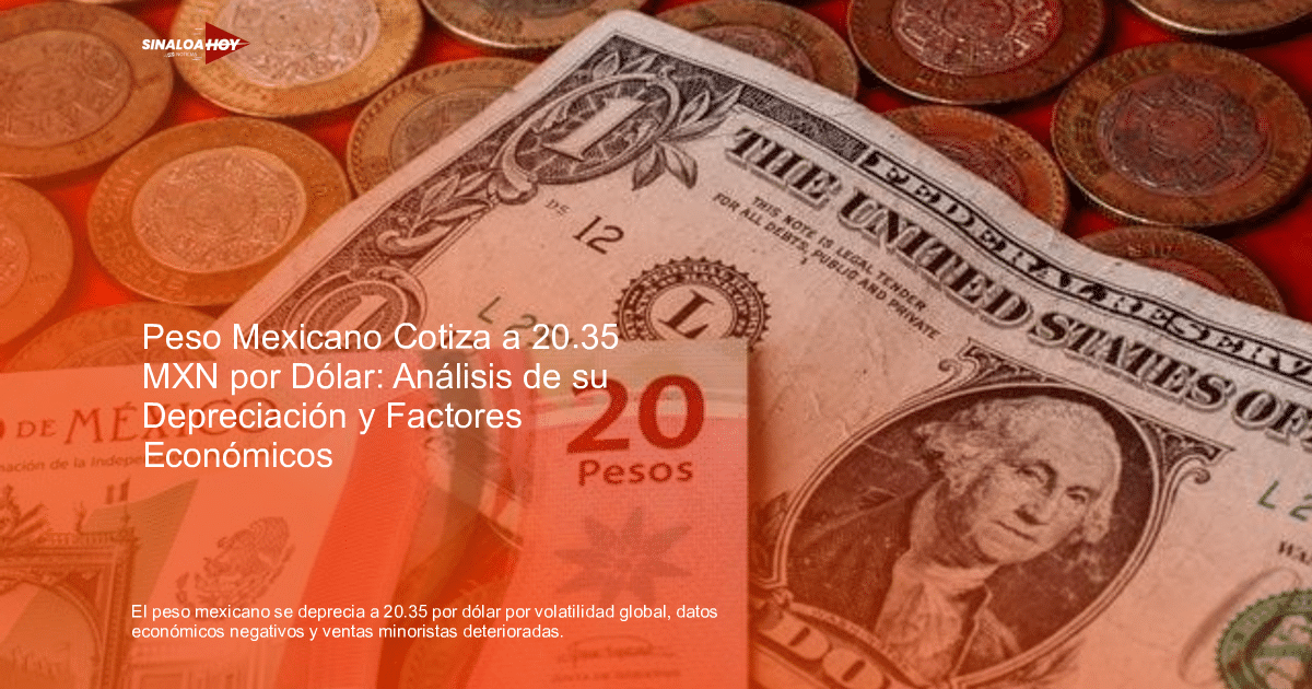 Billetes de 20 pesos mexicanos y un dólar estadounidense con monedas alrededor.