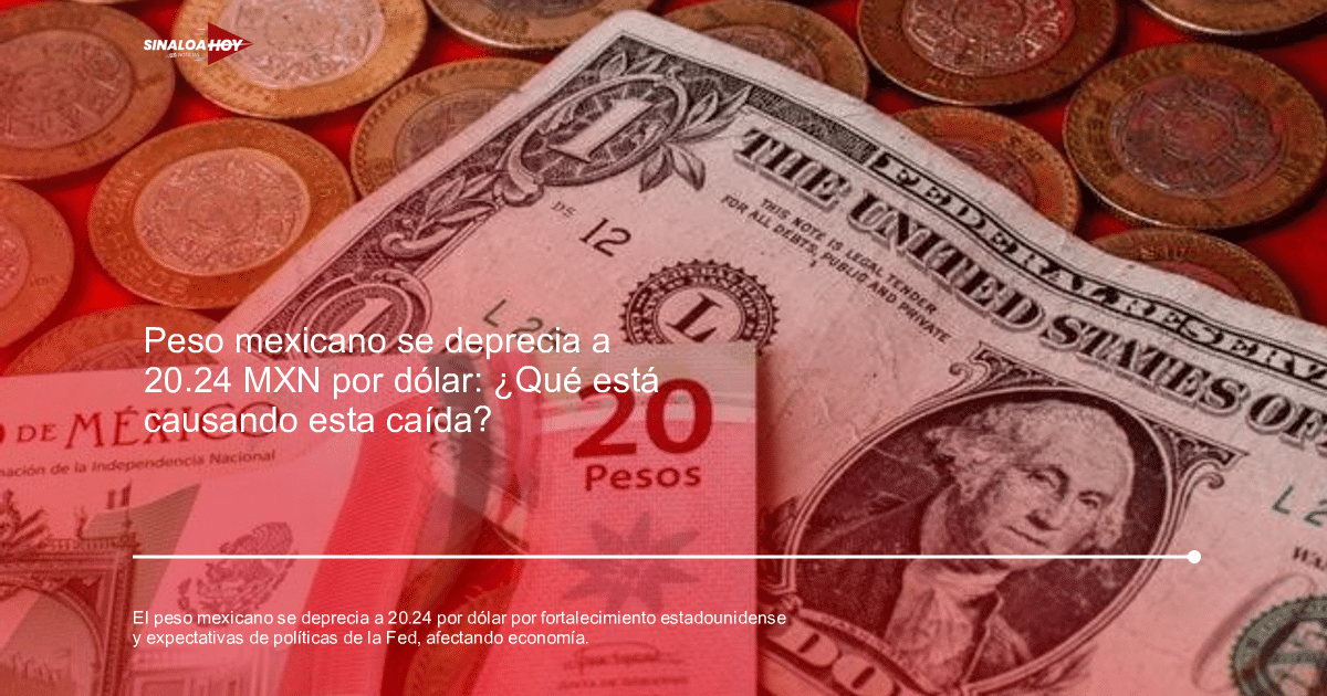 Billetes de 20 pesos y un dólar con monedas mexicanas sobre fondo rojo