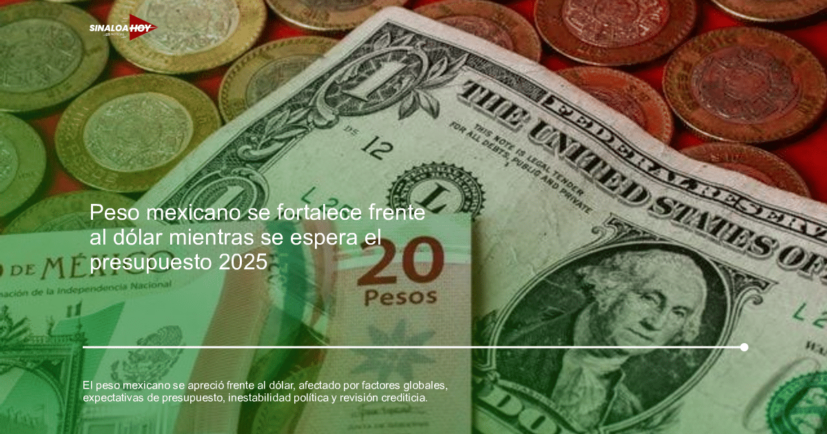 Billetes de 20 pesos mexicanos y un dólar estadounidense con monedas mexicanas sobre fondo rojo